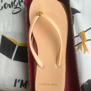 Tory Burch Peach Flip Flop Sandals with Gold Logo Medallion